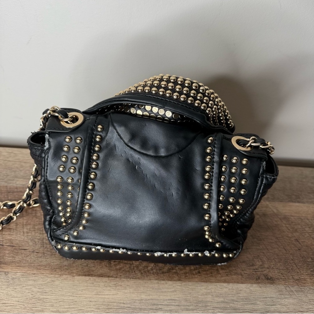 AMEILIYAR Black Vegan Leather Gold Toned Stud Biker Jacket Crossbody Bag *FLAW* - Picture 6 of 15